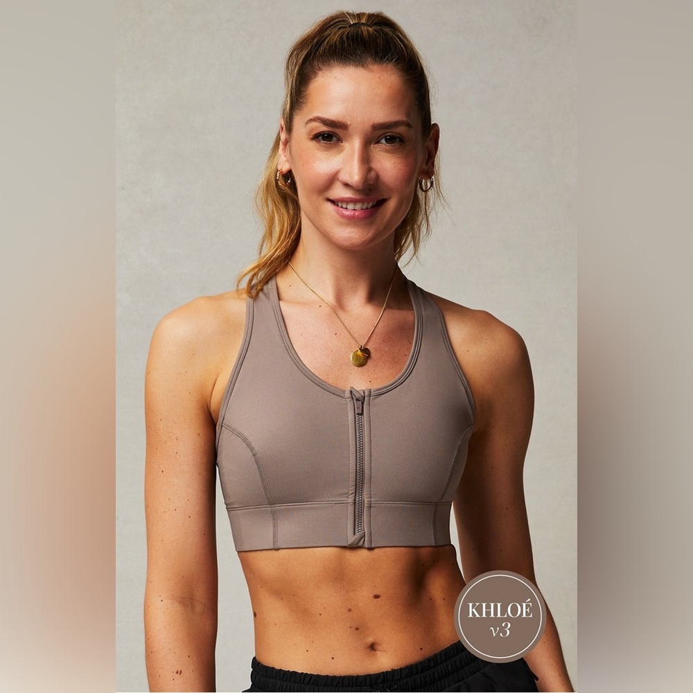 Fabletics On-The-Go Zip Medium Impact Sports Bra Desert Shadow Tan Women Size M
